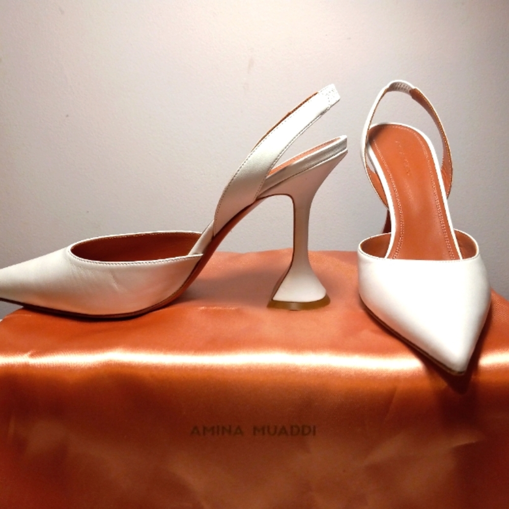 Amina Muaddi White Slingback Patent Leather Heels
